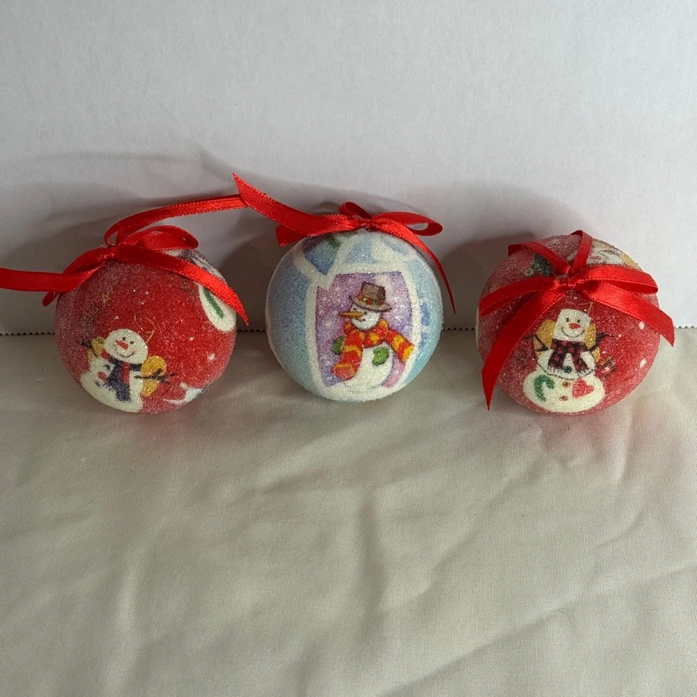Beaded Christmas‎ Ornament Set Snowman Balls Red White Ribbon Lot of 3
